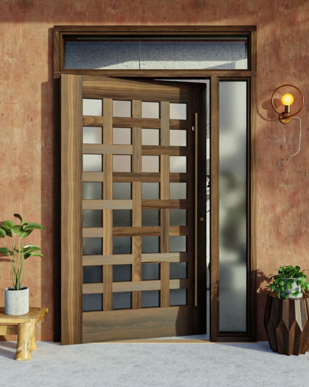 Wooden front door with glass panes, flanked by narrow windows, in a warm stucco entryway
