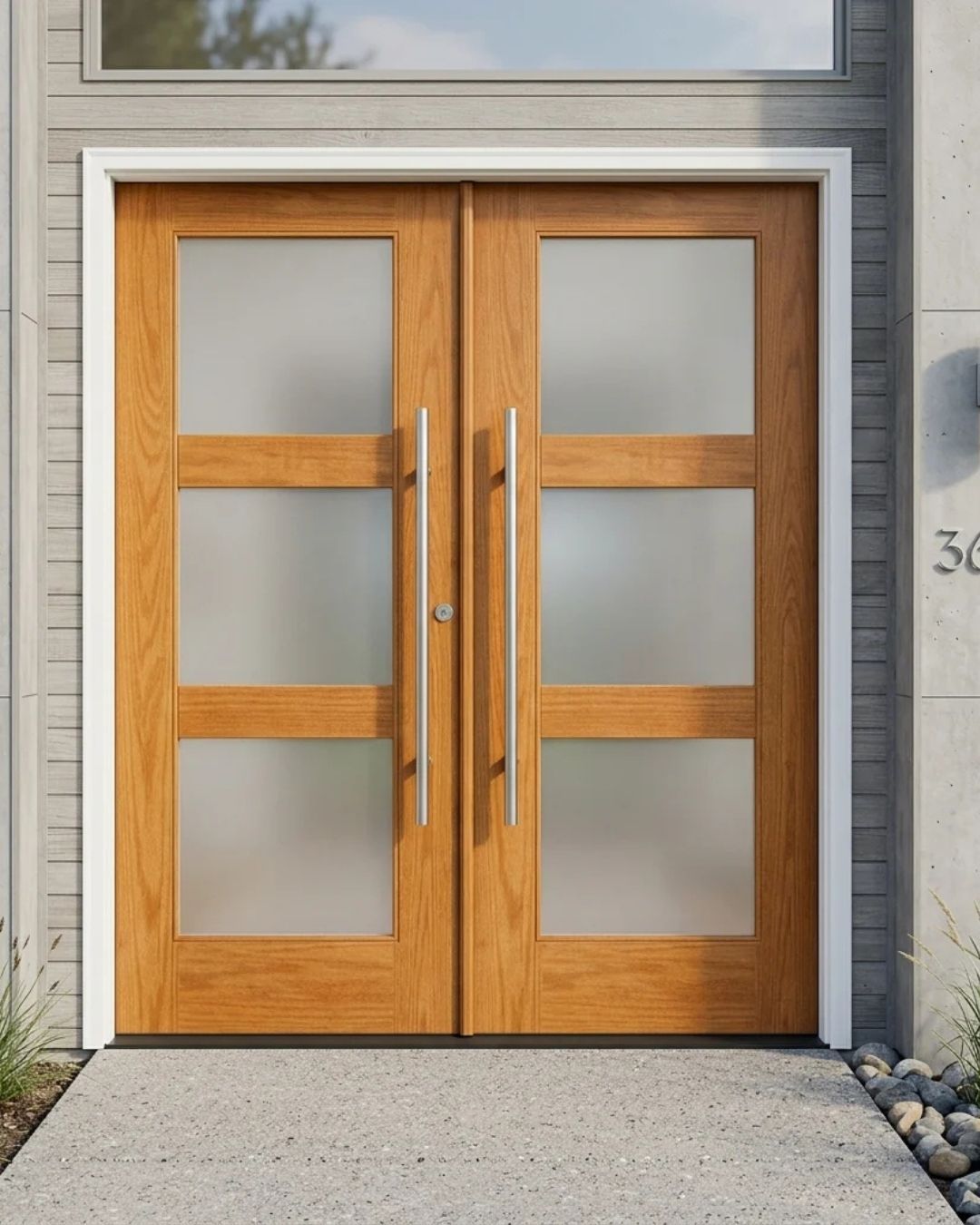 Gray double doors with glass panels and long silver handles.