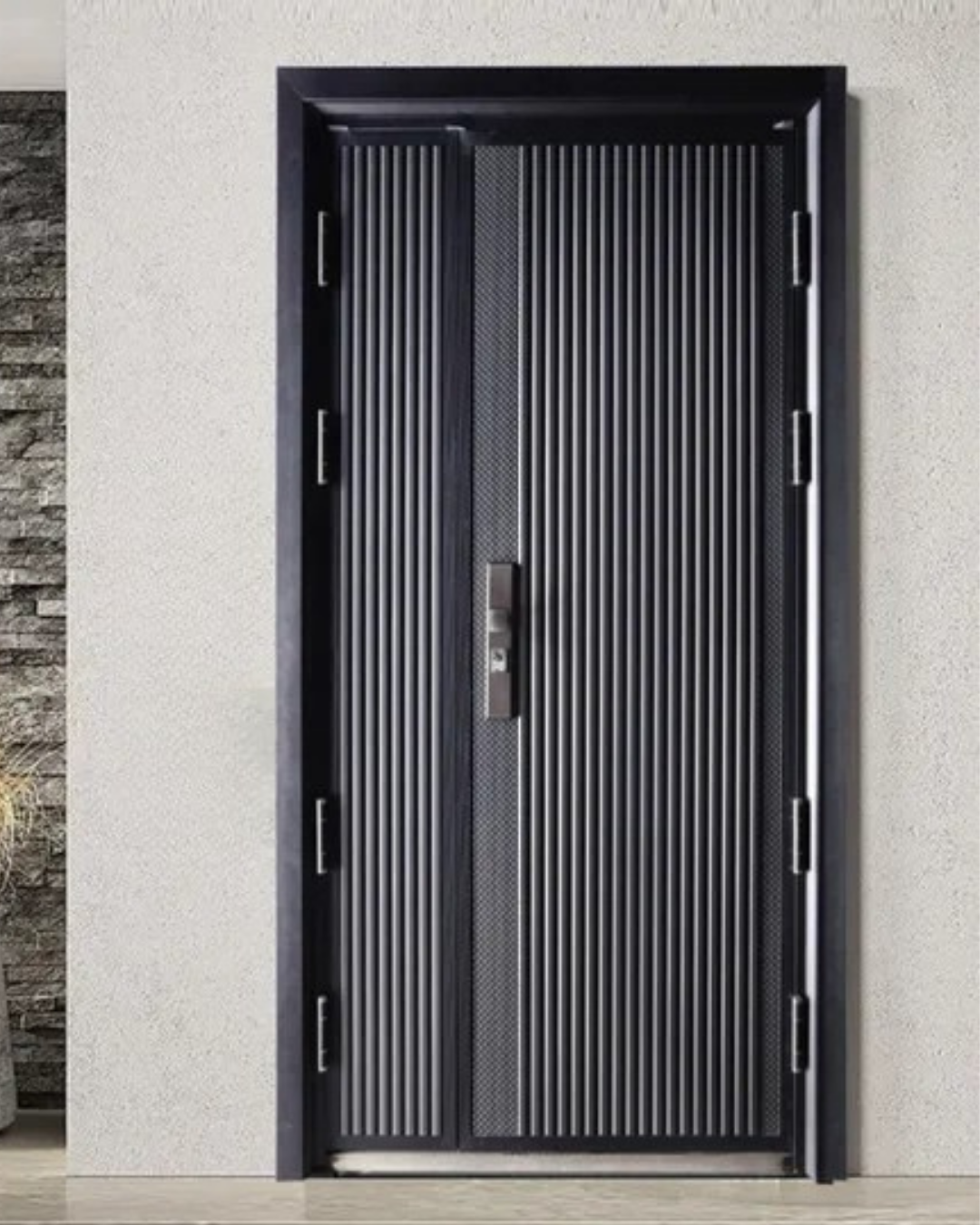 Modern black security door with vertical ribbed texture and a minimalist handle, set against a light grey wall.