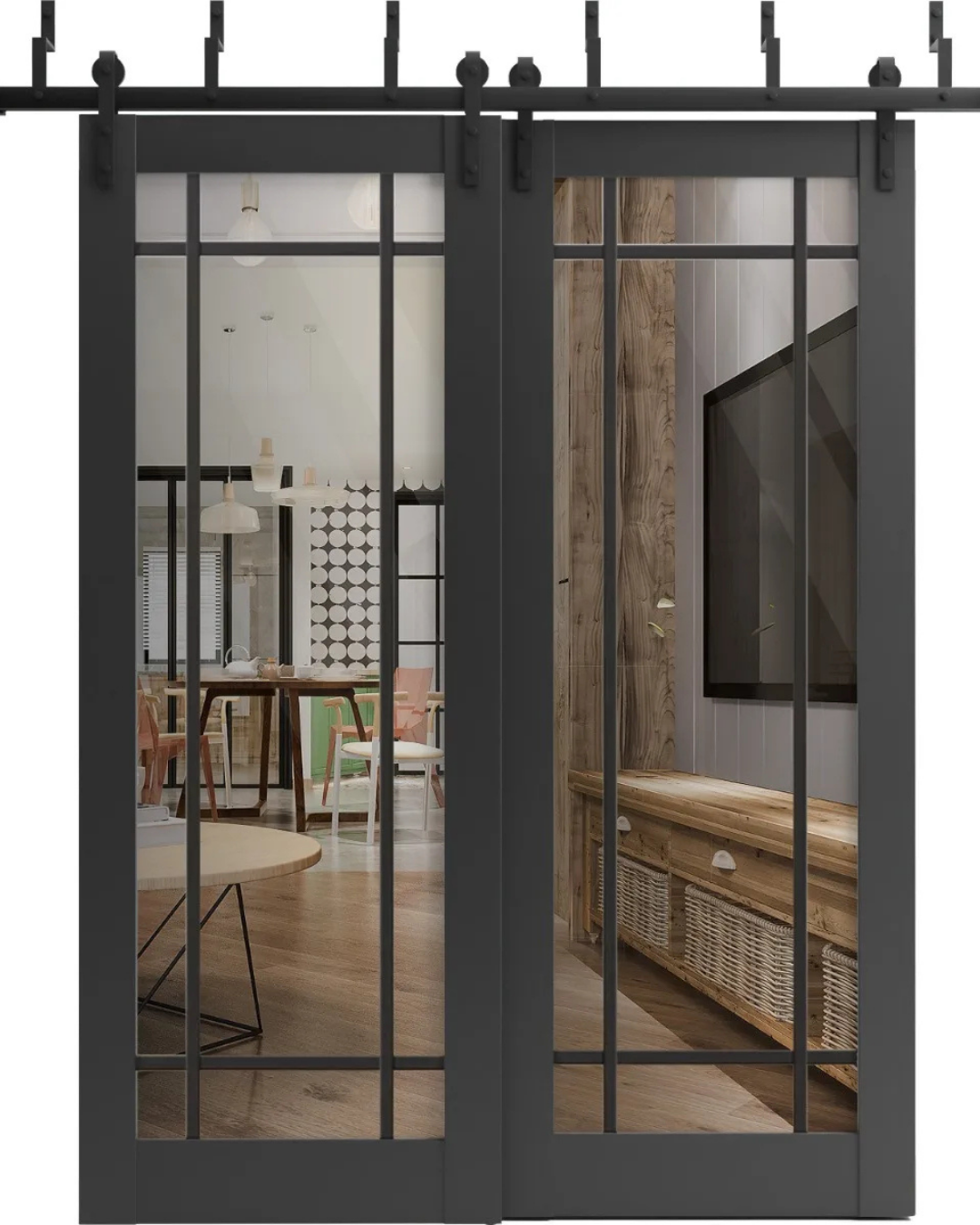 Two black, multi-pane sliding barn doors with glass panels mounted on a dark metal track.
