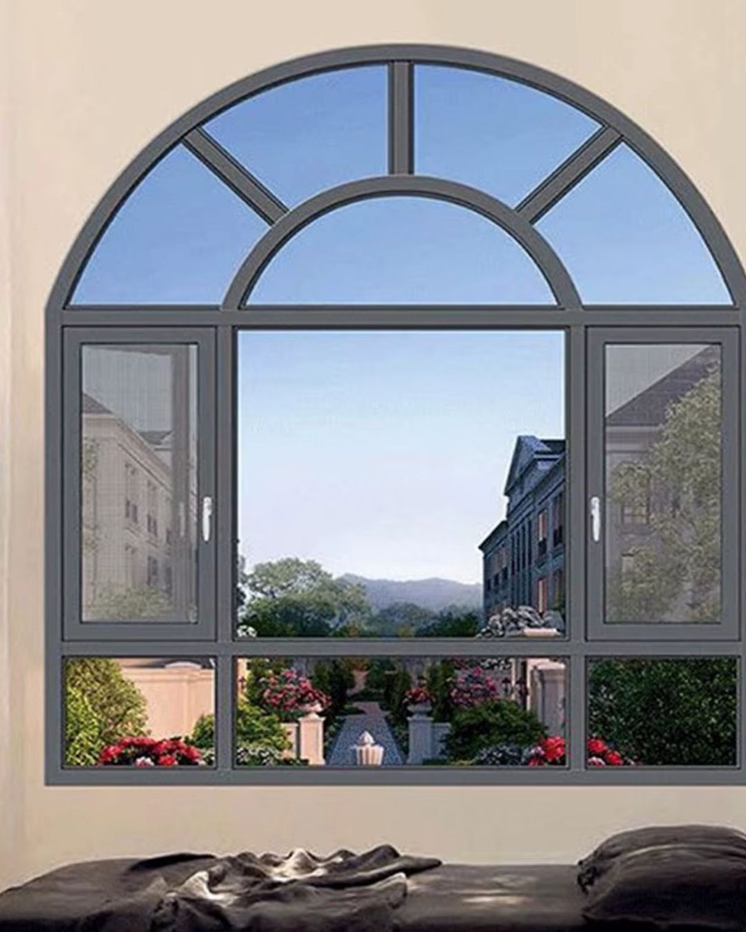 White window in a wall, with beige frame and white shutters on either side.
