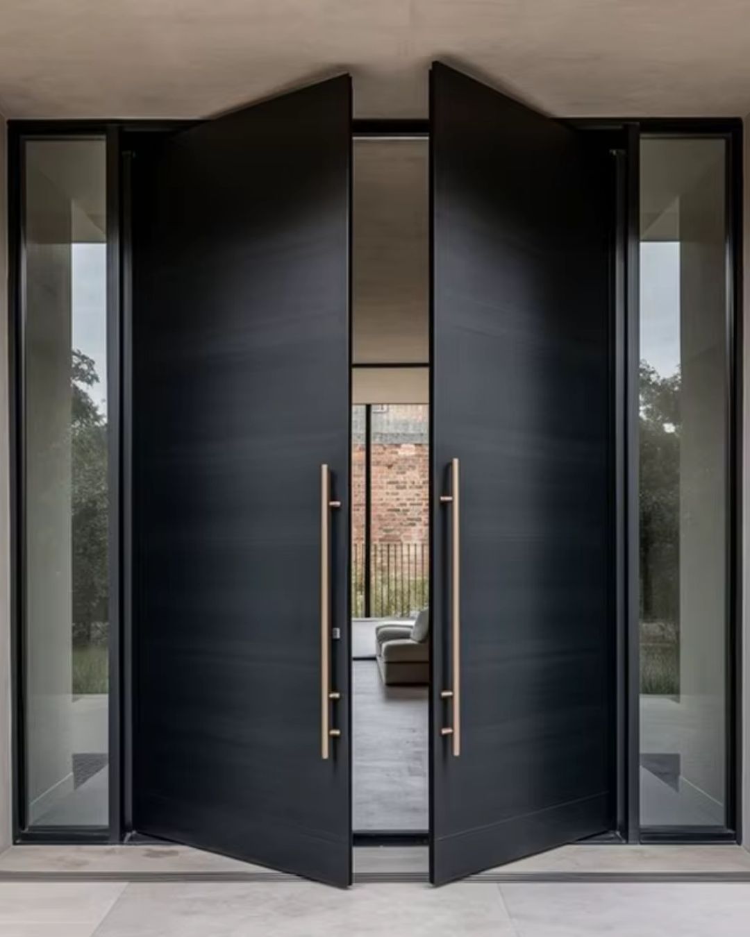 Modern black double front doors with vertical glass sidelights, slightly open to a home interior.