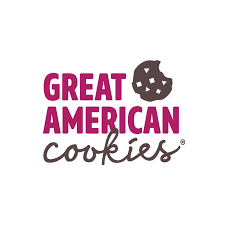 The logo for great american cookies shows a cookie with a bite taken out of it.
