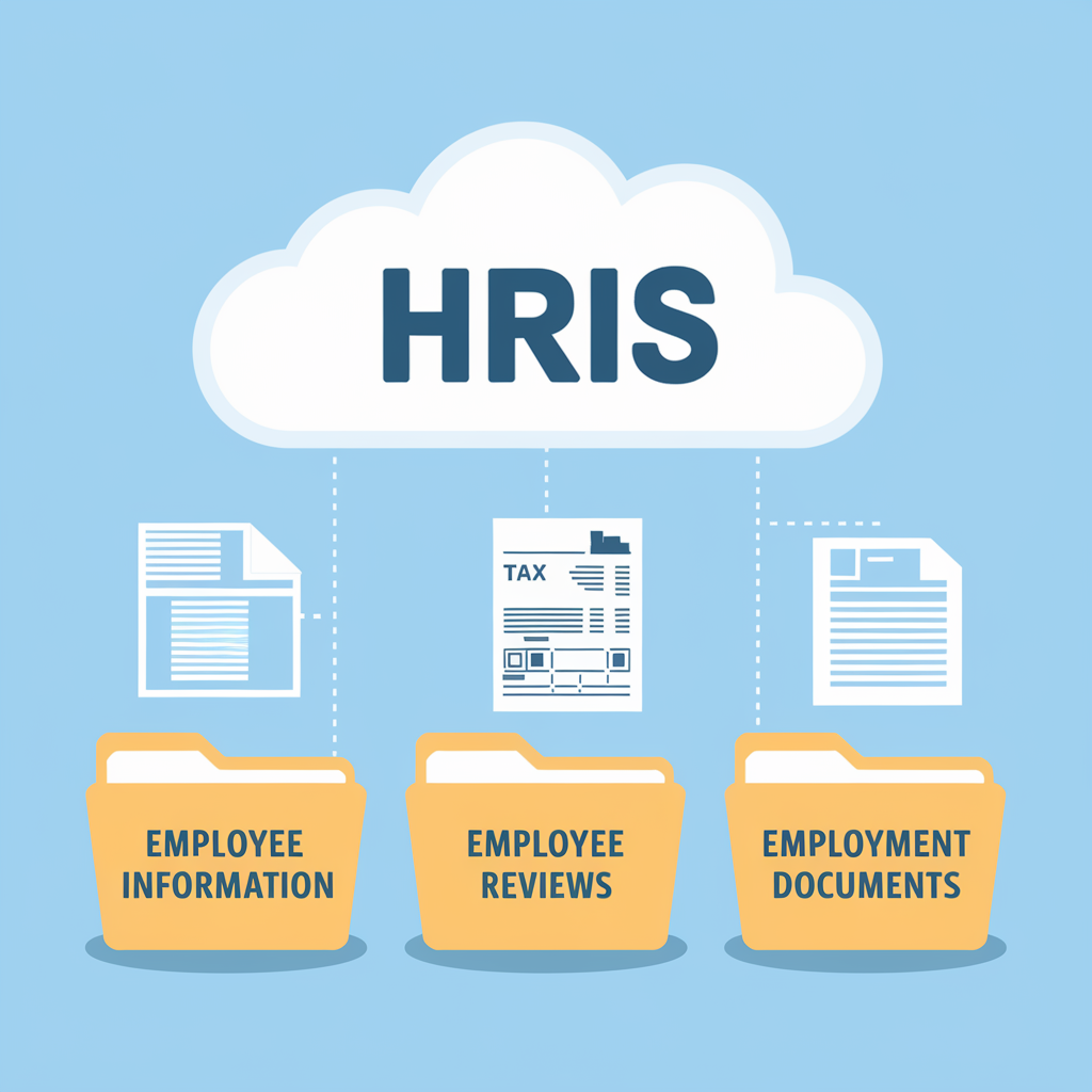 An illustration of a cloud containing employee information , employee reviews , and employment documents.