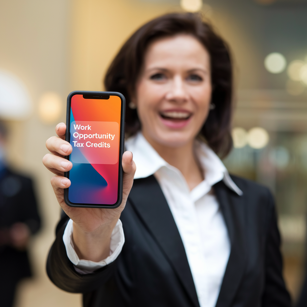 A woman is holding up a cell phone that says work opportunity no credit