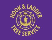 Logo for "Hook & Ladder Tree Service" featuring a yellow firefighter-style Maltese cross on a purple background.