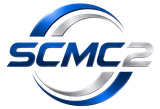 Blue and silver SCM2 logo with a metallic circular swoosh on a white background