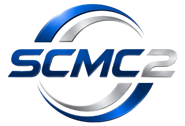 Blue and silver SCM2 logo with a metallic circular swoosh on a white background