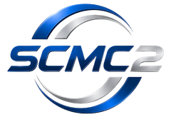 Blue and silver SCM2 logo with a metallic circular swoosh on a white background