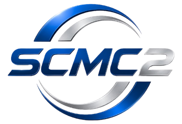 Blue and silver SCM2 logo with a metallic circular swoosh on a white background