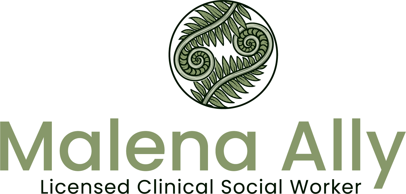 Logo for Malena Alvino, Licensed Clinical Social Worker, with green fern-like circular emblem