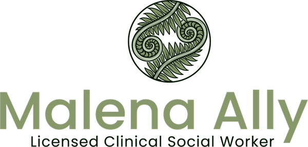 Logo for Malena Alvino, Licensed Clinical Social Worker, with green fern-like circular emblem