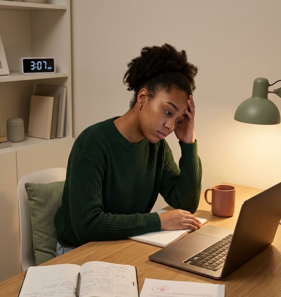 A woman sitting in front of a table by her bed staring at her laptop.