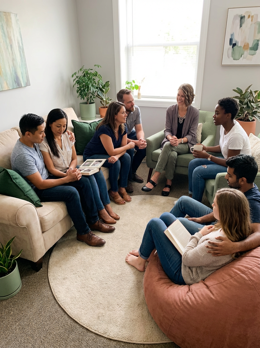 Therapist sitting with her clients.