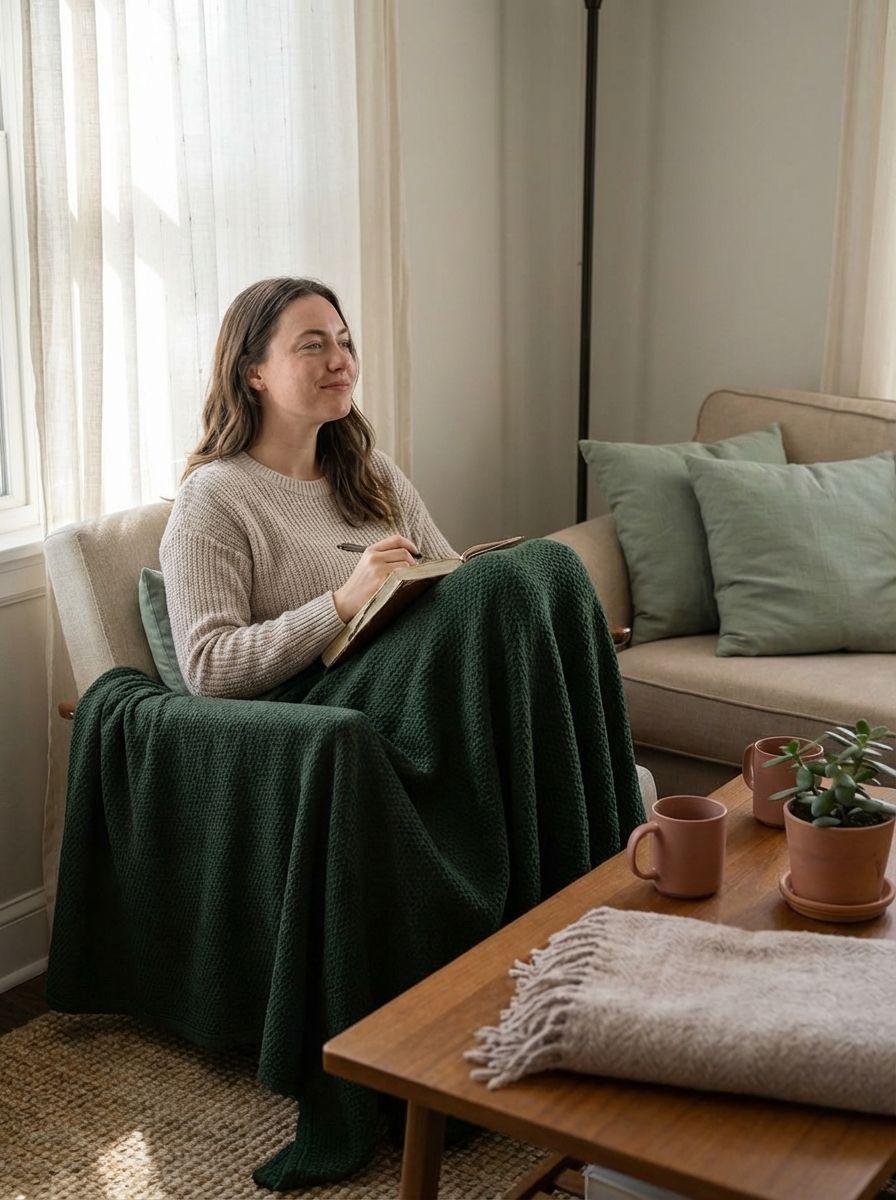 A college woman sitting on her couch with blanket on.