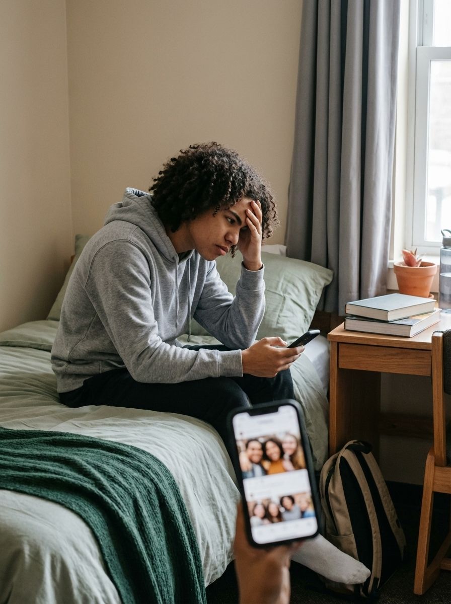 College teen stressing over his phone.
