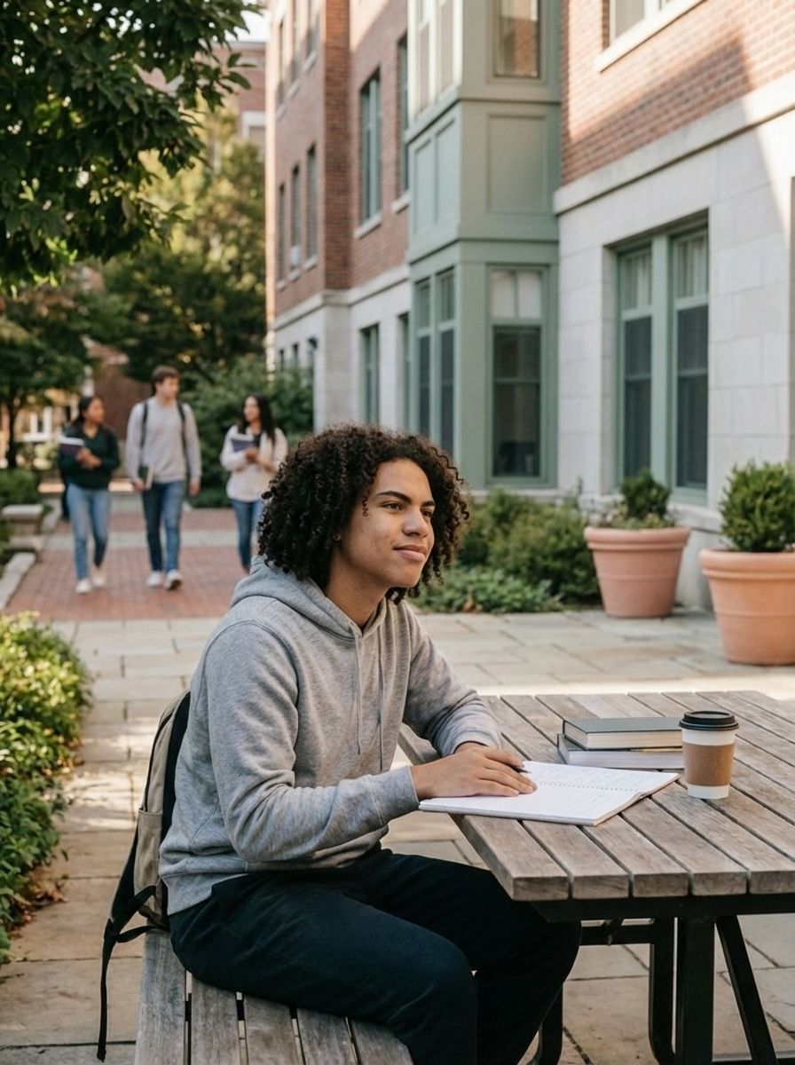 A college teen sitting on a bench outdoors.