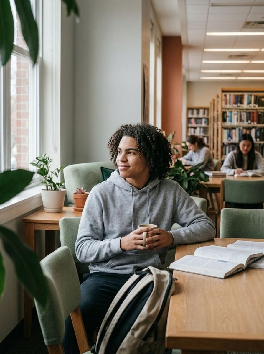 A college teen sitting on a table in a library.