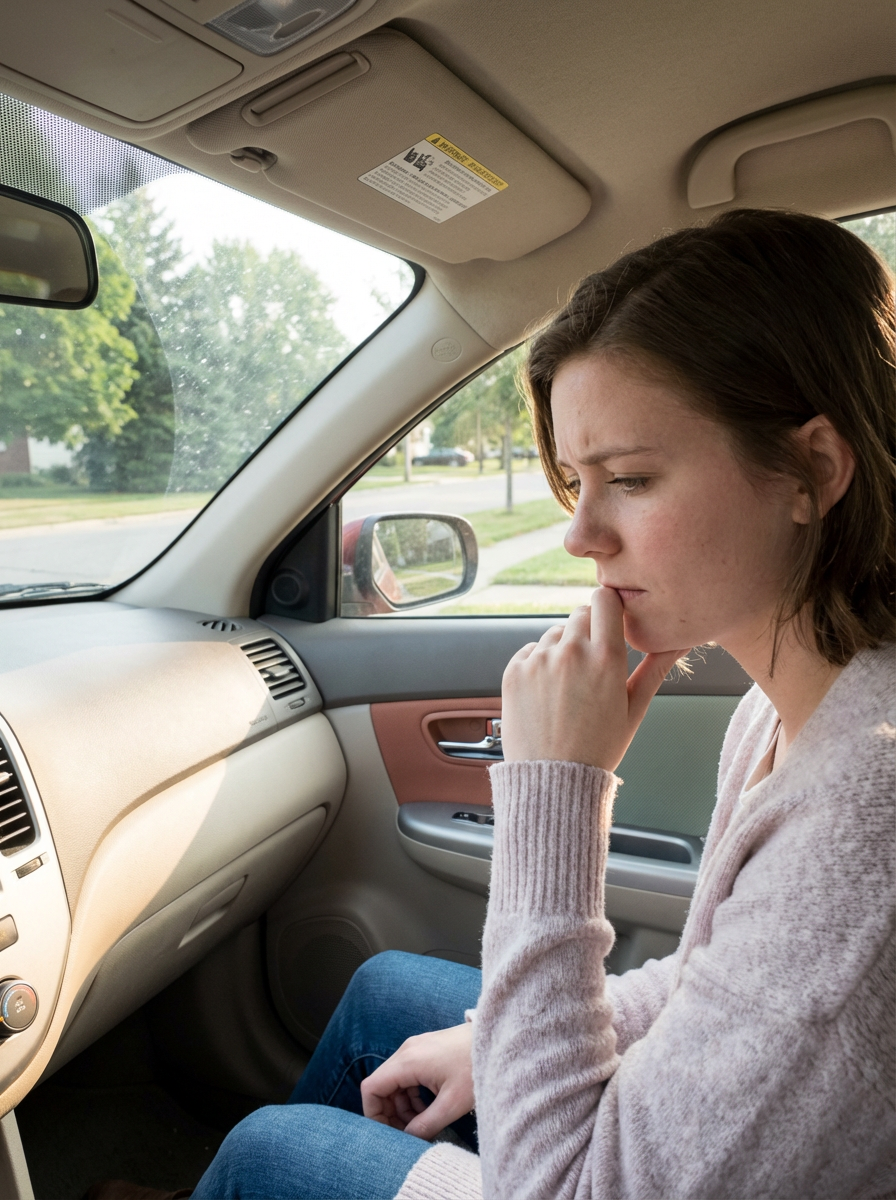 A woman sitting in her car thinking.