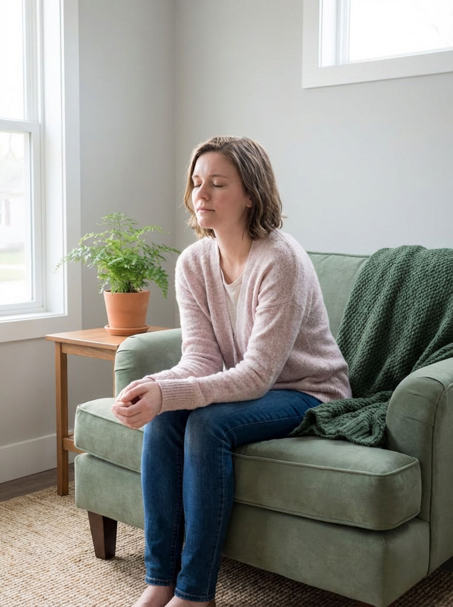 A woman sitting on a couch with her eyes closed on a couch.