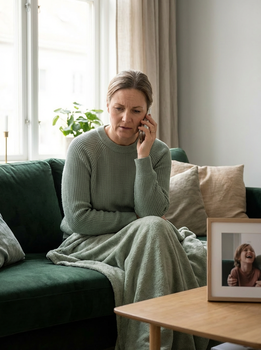 A woman feeling worried on her phone about her child.