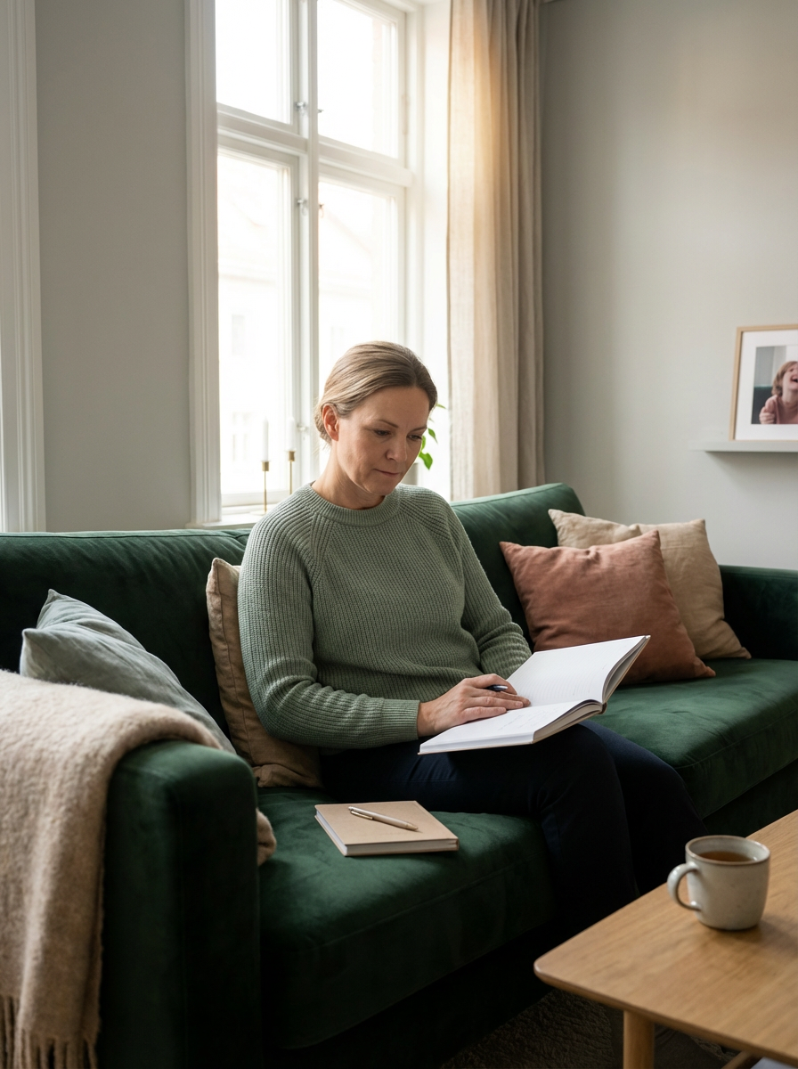 A woman sitting on a couch with her notebook on her hands.