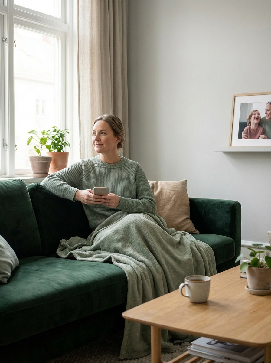 A mother feeling gentle with phone on her hands sitting on a couch.