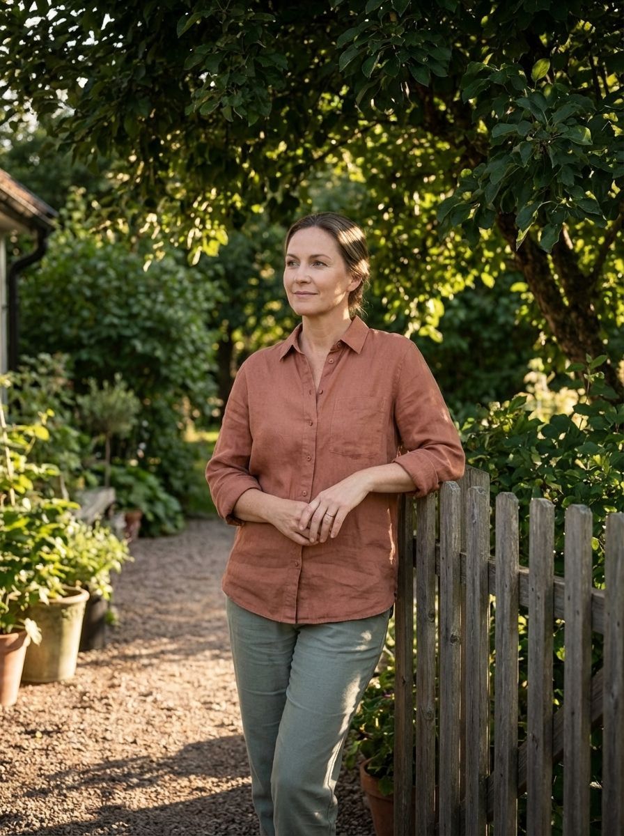A woman enjoying her peace outdoors in a garden.