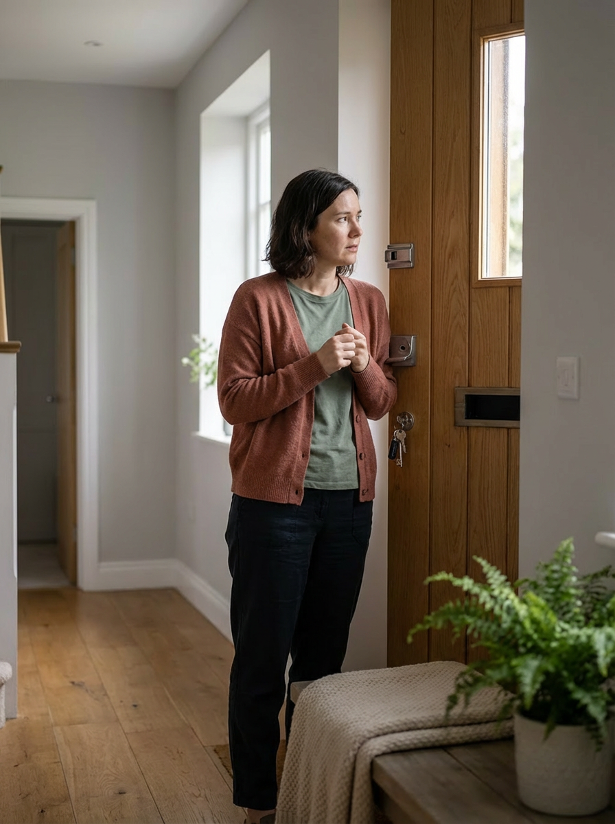A woman worried looking outside of her door.