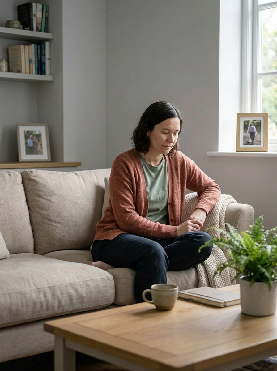 A woman sitting on a couch procrastinating.