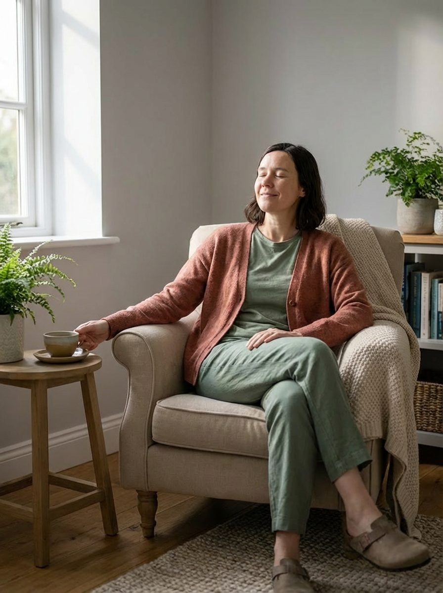 A woman feeling relief by herself sitting on a couch.