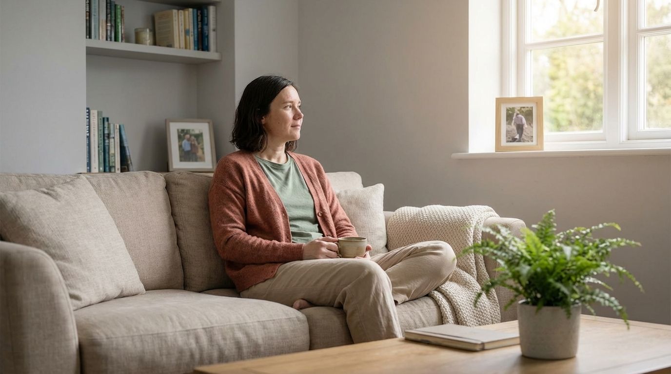 A woman enjoying her coffee indoors.
