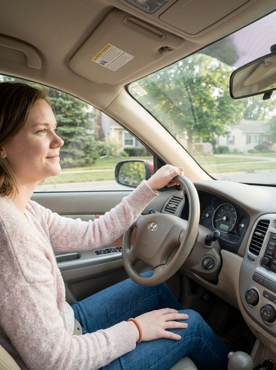 A woman driving her car confidently.