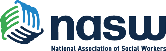 NASW logo with blue and green hand icon and navy text, National Association of Social Workers
