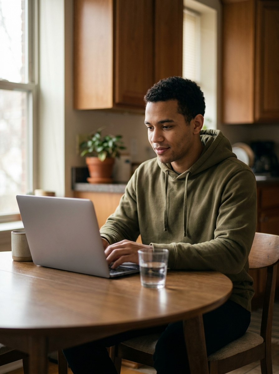A college teen sitting on a table in a library.