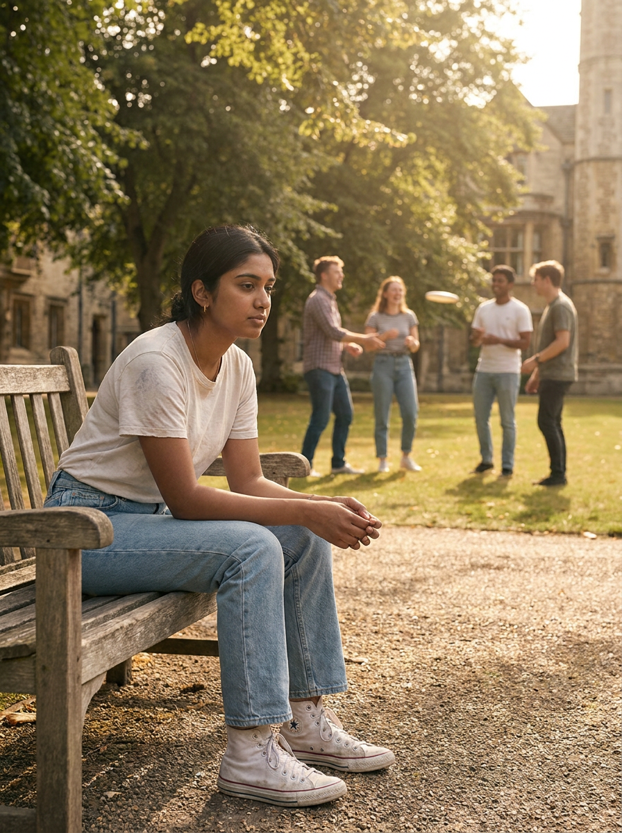 A teen feeling left out of group in a park.