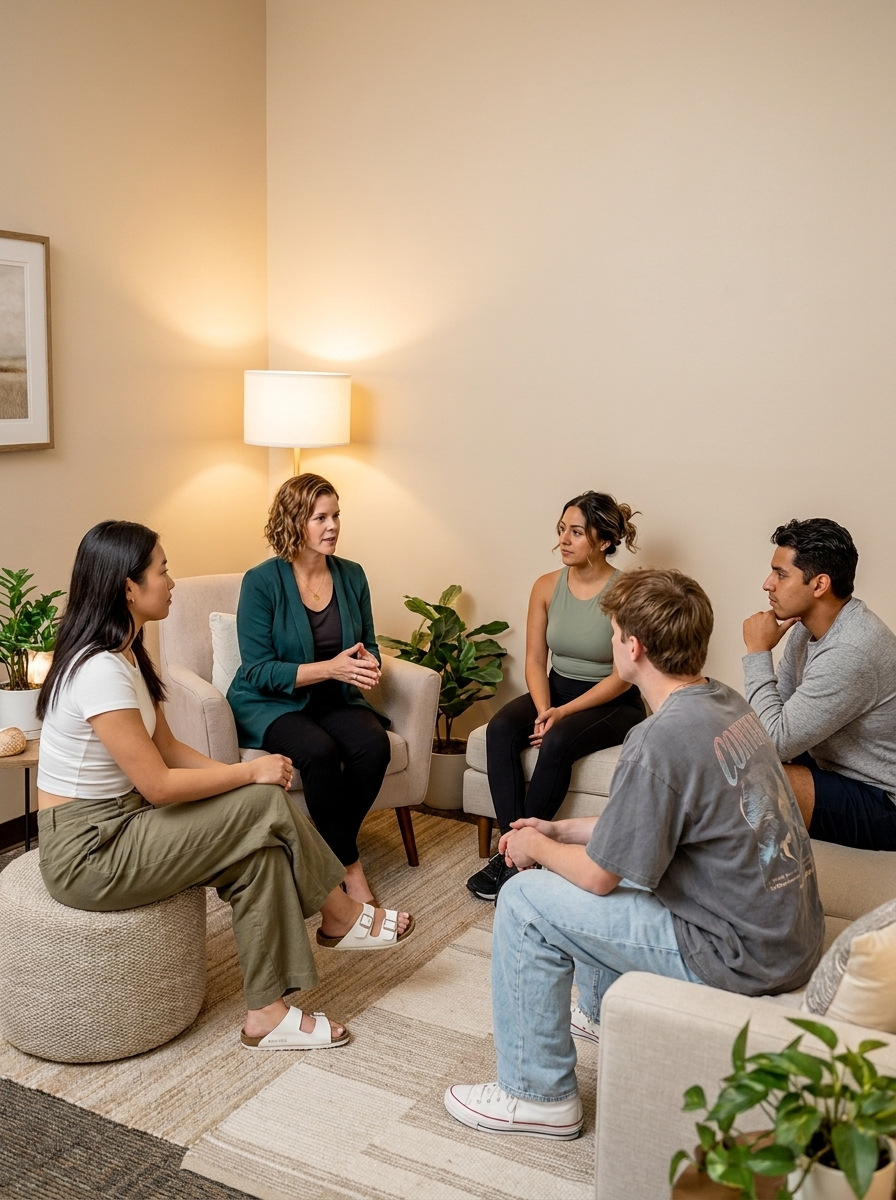 A woman talking to her colleagues inside a room.