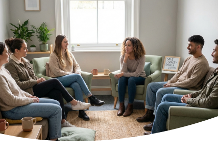 Small group talking in a bright living room, seated in a circle on sofas and chairs.