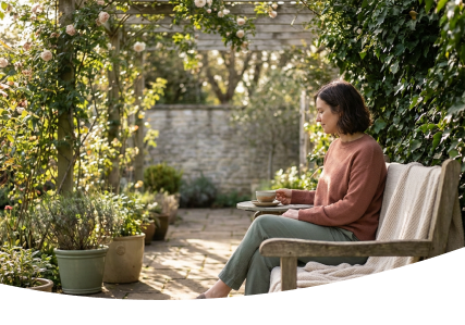 Woman sitting on a bench in a sunlit garden, holding a cup amid potted plants and greenery