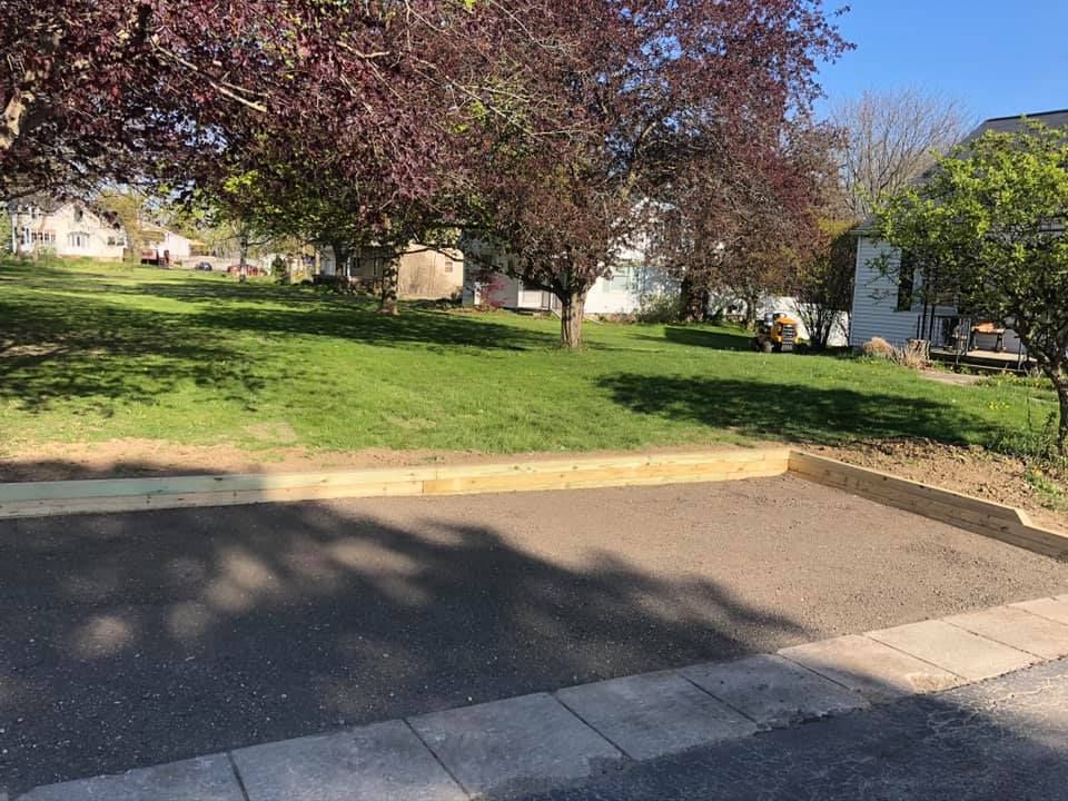 Quiet suburban street with a grassy yard, trees, and a driveway in bright sunlight