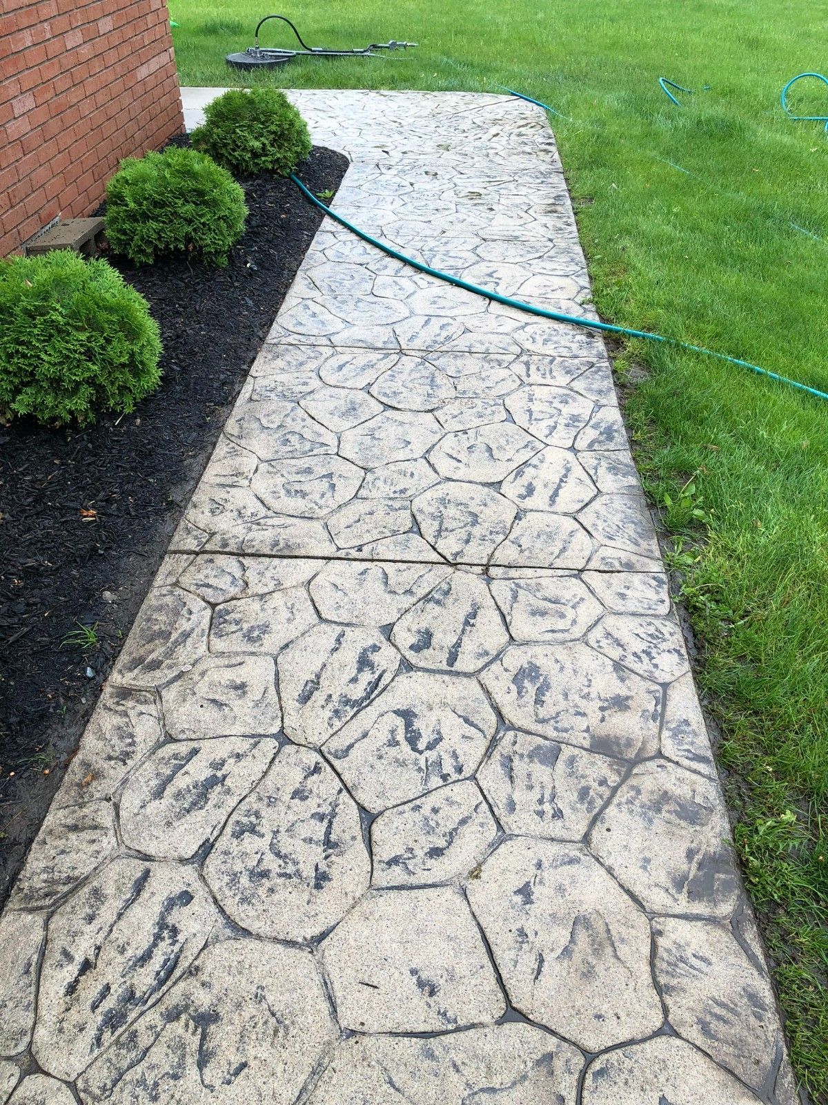 Cracked stone walkway beside a brick wall and lawn, with a garden hose crossing it.