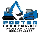 Blue excavator logo for Porter Outdoor Services, Owsso, Michigan, with phone number 989-472-4420
