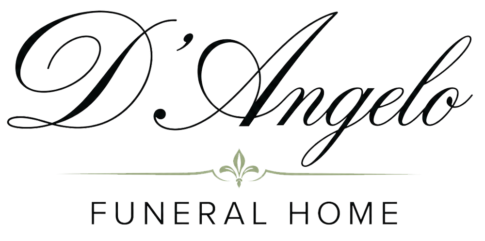 D’Angelo Funeral Home logo in black script with gold underline and gray uppercase text on white background