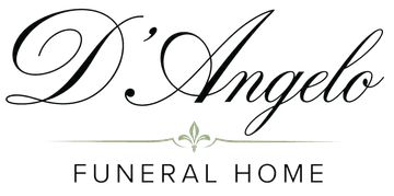 D’Angelo Funeral Home logo in black script with gold underline and gray uppercase text on white background