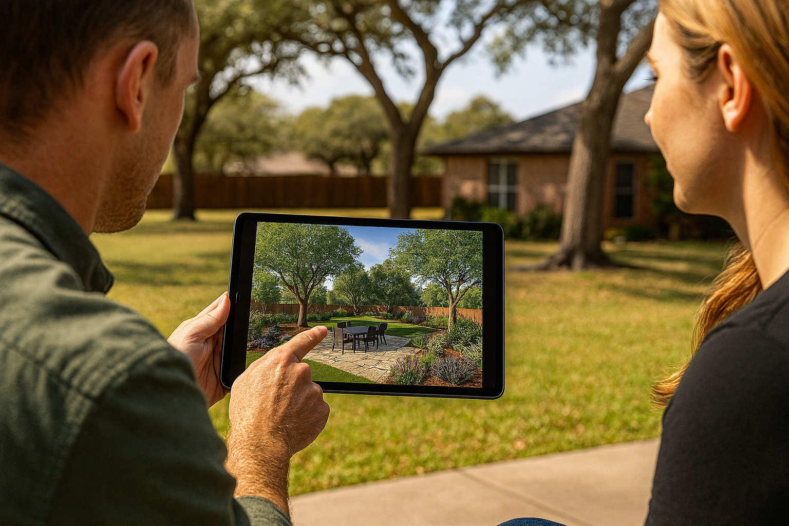 Two people looking at a tablet displaying a digital landscape design for a home backyard.