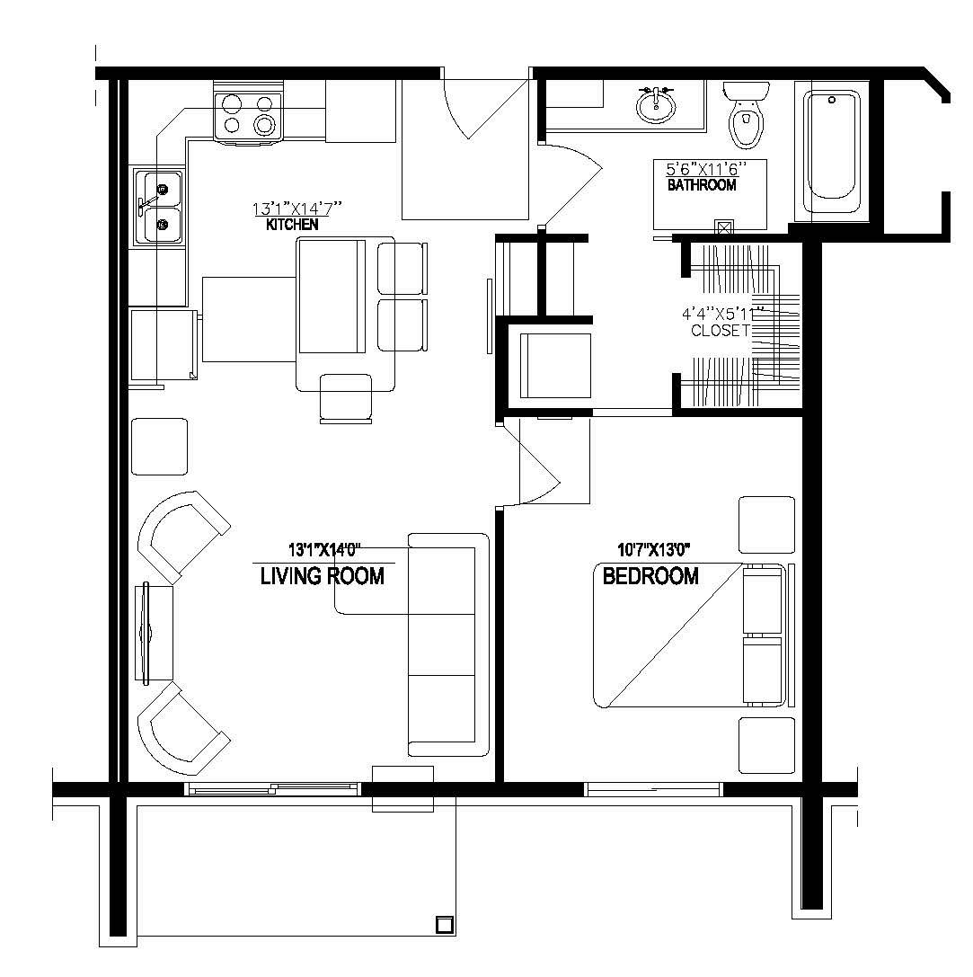 Black-and-white architectural floor plan drawing of an apartment layout.