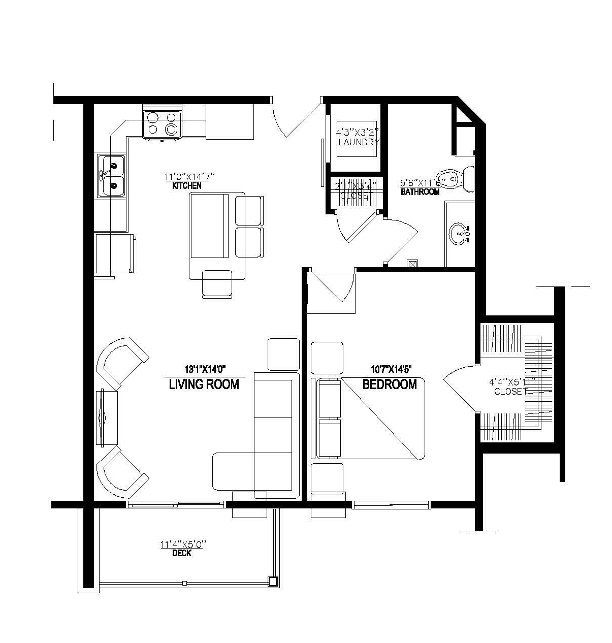 Black-and-white architectural floor plan with labeled rooms, doors, and measurements.