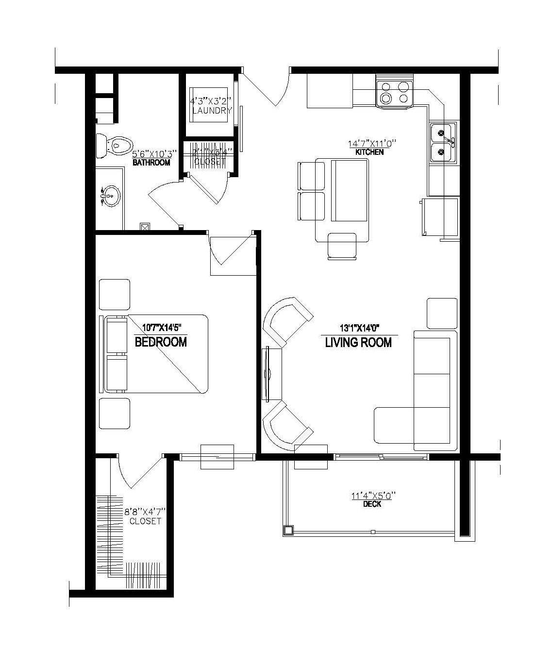 Black-and-white floor plan showing a small apartment layout with rooms and measurements.