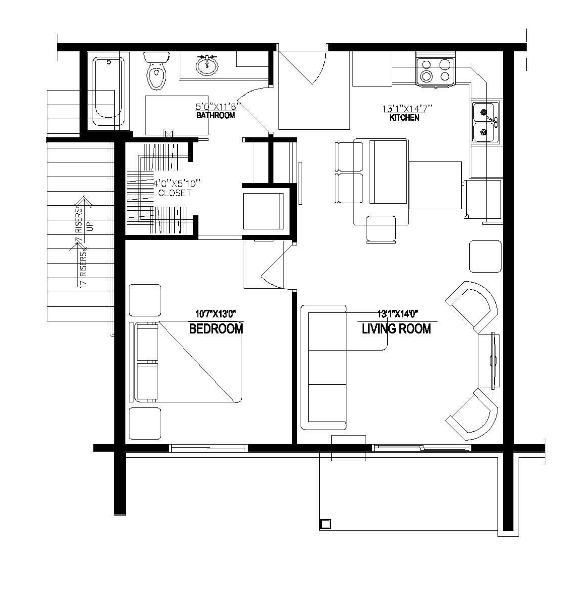 Black-and-white architectural floor plan with labeled rooms and doors