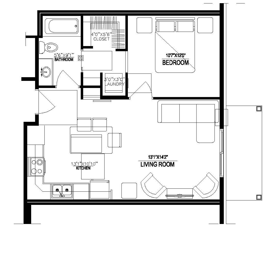 Black-and-white floor plan of a small apartment with labeled rooms and fixtures